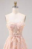 Blush A-Line Tulle Appliqued Corset Convertible Long Prom Dress with Sleeves