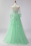 Green A-Line Corset Tulle Appliqued Convertible Long Prom Dress
