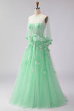 Green A-Line Corset Tulle Appliqued Convertible Long Prom Dress
