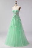 Green A-Line Corset Tulle Appliqued Convertible Long Prom Dress