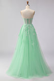 Green A-Line Corset Tulle Appliqued Convertible Long Prom Dress
