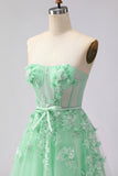 Green A-Line Corset Tulle Appliqued Convertible Long Prom Dress