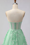 Green A-Line Corset Tulle Appliqued Convertible Long Prom Dress