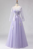 Lilac A Line Corset Appliqued Tulle Long Prom Dress with Long Sleeves