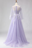 Lilac A Line Corset Appliqued Tulle Long Prom Dress with Long Sleeves