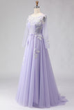 Lilac A Line Corset Appliqued Tulle Long Prom Dress with Long Sleeves