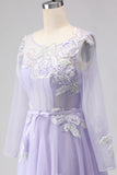 Lilac A Line Corset Appliqued Tulle Long Prom Dress with Long Sleeves