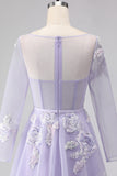 Lilac A Line Corset Appliqued Tulle Long Prom Dress with Long Sleeves