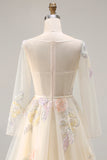 Yellow A Line Corset Floral Round Neck Prom Dress with Long Sleeves