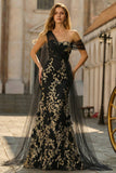 One Shoulder Mermaid Black Golden Sequin Long Prom Dress with Streamer