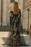 One Shoulder Mermaid Black Golden Sequin Long Prom Dress with Streamer