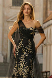 One Shoulder Mermaid Black Golden Sequin Long Prom Dress with Streamer