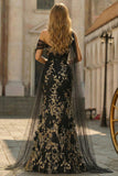 Black Golden One Shoulder 3D Flower Mermaid Long Plus Size Prom Dress