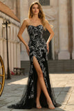 Black Mermaid Strapless Appliqued Long Prom Dress with Beading