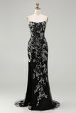 Black Mermaid Strapless Appliqued Long Prom Dress with Beading