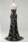 Black Mermaid Strapless Appliqued Long Prom Dress with Beading