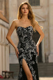 Strapless Black Sequins Mermaid Beaded Long Prom Dress with Slit