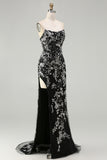 Black Mermaid Strapless Appliqued Long Prom Dress with Beading