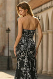 Strapless Black Sequins Mermaid Beaded Long Prom Dress with Slit