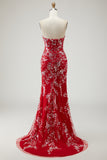 Red Mermaid Strapless Appliqued Long Prom Dress with Beading