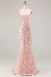 Blush Mermaid Sweetheart Corset Sequin Long Prom Dress with Pearls