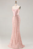 Blush Mermaid Sweetheart Corset Sequin Long Prom Dress with Beading