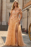 Champagn Appliqued A-Line Off The Shoulder Convertible Long Plus Size Prom Dress