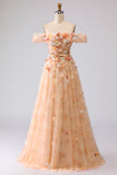 Champagne Off The Shoulder Floral A-Line Convertible Long Prom Dress