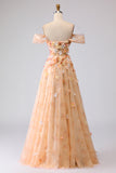 Champagne Off The Shoulder Floral A-Line Convertible Long Prom Dress