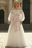 White Off The Shoulder A-Line Tulle Embroidered Long Plus Size Dress with Sequins