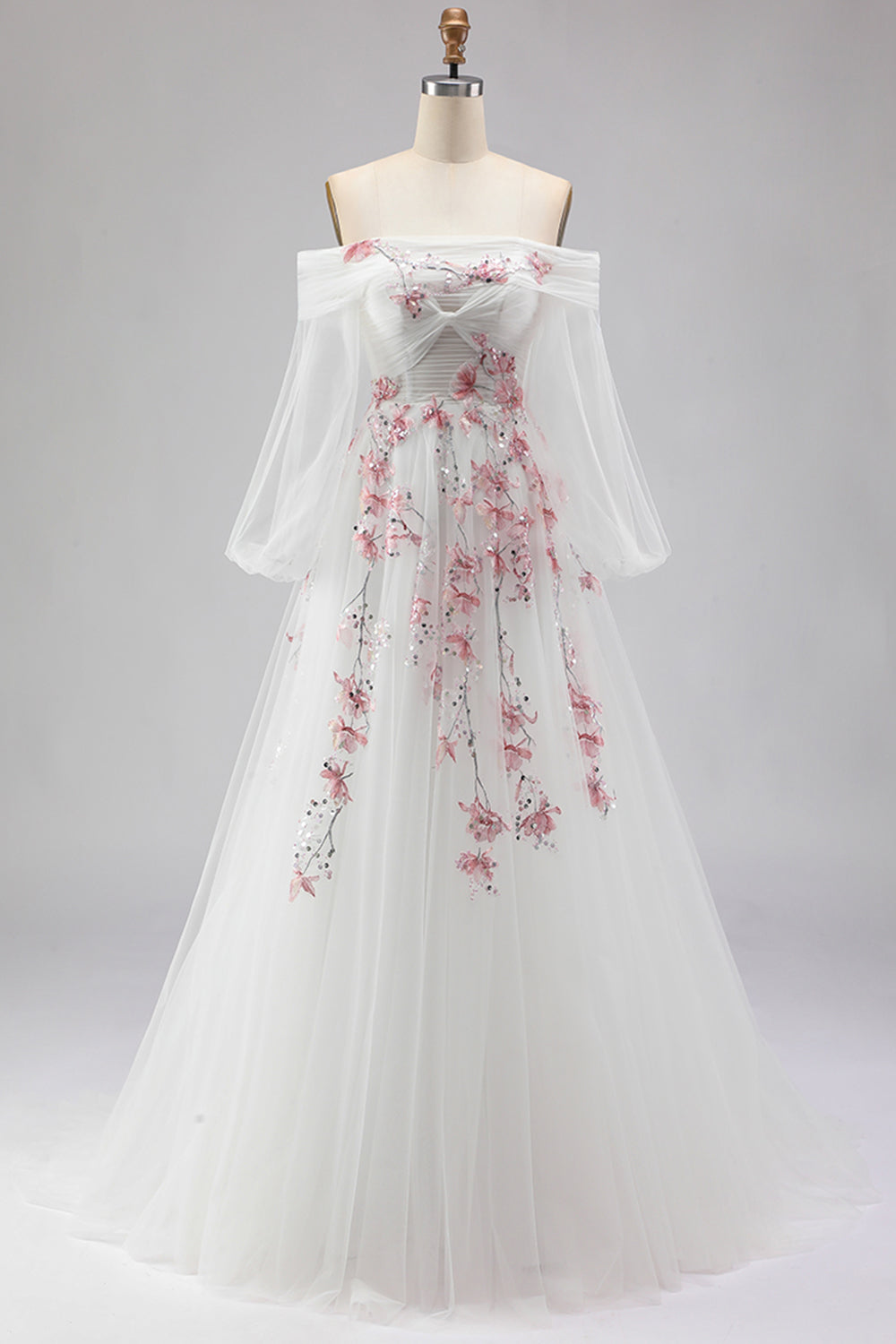 Zapaka Women White Off The Shoulder Long Prom Dress A-Line Embroidered Tulle Pleated Party Dress with Sequins, White / US8 Zapaka Women White Off The Shoulder Long Prom Dress A-Line Embroidered Tulle Pleated Party Dress with Sequins, White / US8