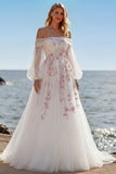 Off The Shoulder White A-Line Embroidered Tulle Long Prom Dress with Sequins