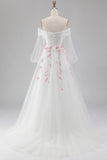 Off The Shoulder White A-Line Embroidered Tulle Long Prom Dress with Sequins