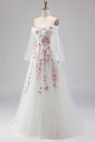 Off The Shoulder White A-Line Embroidered Tulle Long Prom Dress with Sequins