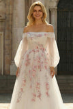 White A-Line Off The Shoulder Embroidered Tulle Long Prom Dress with Sequins