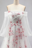 Off The Shoulder White A-Line Embroidered Tulle Long Prom Dress with Sequins