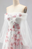 Off The Shoulder White A-Line Embroidered Tulle Long Prom Dress with Sequins