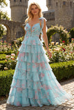 Blue Pink Flower A Line Ruffled Tiered Chiffon Long Prom Dress with Slit