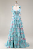 Blue Pink Flower A Line Ruffled Tiered Chiffon Long Prom Dress with Slit
