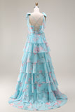Blue Pink Flower A Line Ruffled Tiered Chiffon Long Prom Dress with Slit