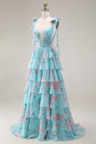 Blue Pink Flower A Line Ruffled Tiered Chiffon Long Prom Dress with Slit