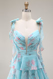 Blue Pink Flower A Line Ruffled Tiered Chiffon Long Prom Dress with Slit