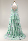 Blue Pink Flower A Line Ruffled Tiered Chiffon Long Prom Dress with Slit