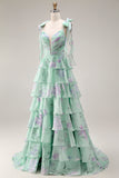 Blue Pink Flower A Line Ruffled Tiered Chiffon Long Prom Dress with Slit