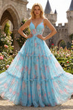 Blue Pink Flower A Line Ruffled Corset Spaghetti Straps Chiffon Long Prom Dress