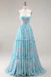 Blue Pink Flower A Line Ruffled Corset Spaghetti Straps Chiffon Long Prom Dress