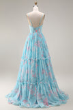 Blue Pink Flower A Line Ruffled Corset Spaghetti Straps Chiffon Long Prom Dress
