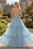 Blue Pink Flower A Line Ruffled Corset Spaghetti Straps Chiffon Long Prom Dress