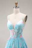 Blue Pink Flower A Line Ruffled Corset Spaghetti Straps Chiffon Long Prom Dress