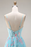 Blue Pink Flower A Line Ruffled Corset Spaghetti Straps Chiffon Long Prom Dress